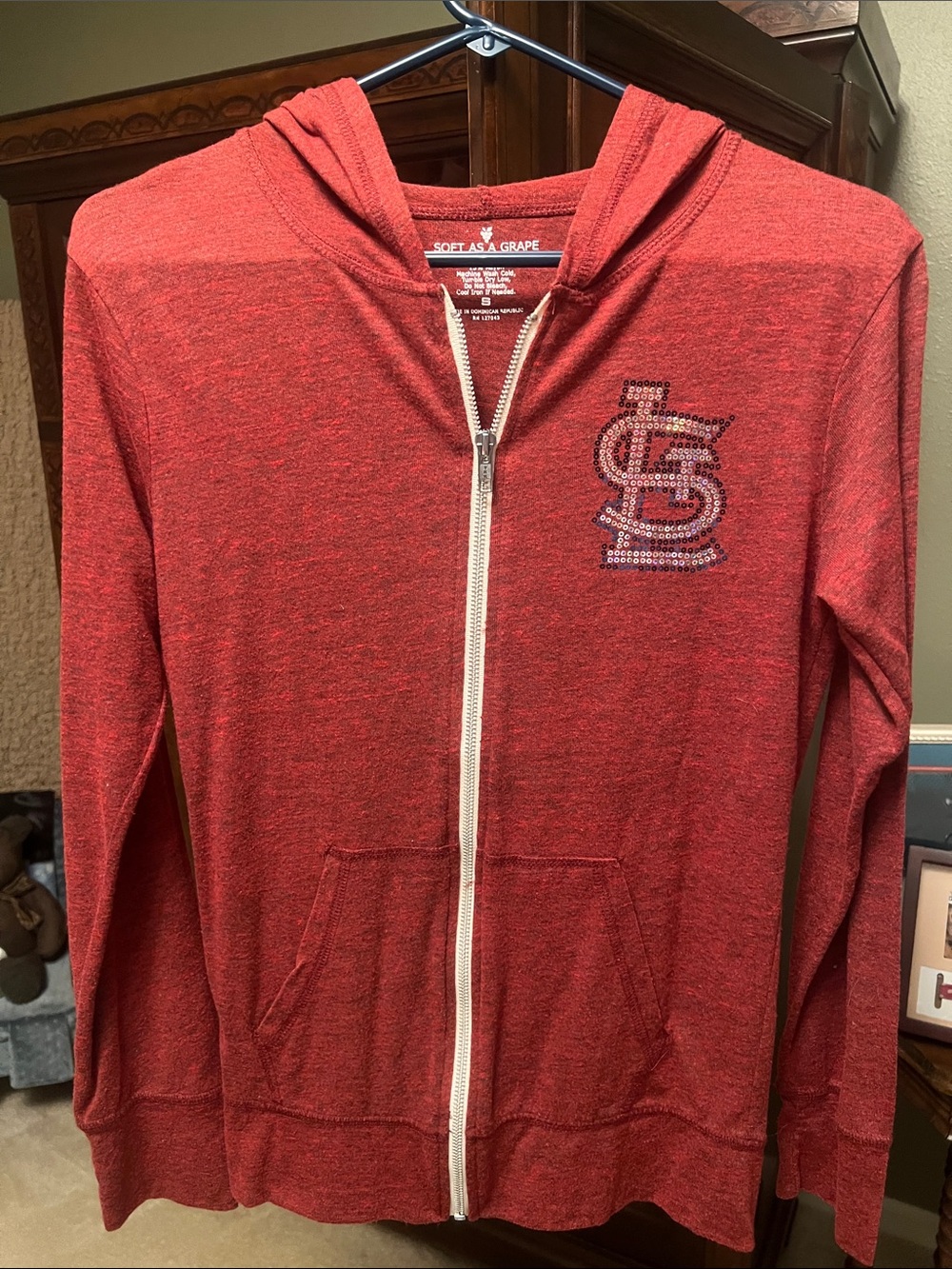 Red Zip-Up Hoodie with Rhinestone Logo